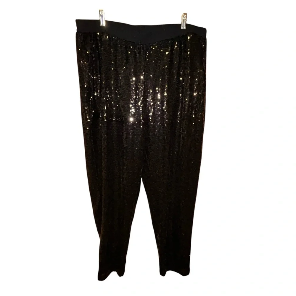 Eloquii Elements Womens Black Sequin Pants Sz 20 High Rise Party Evening Tapered